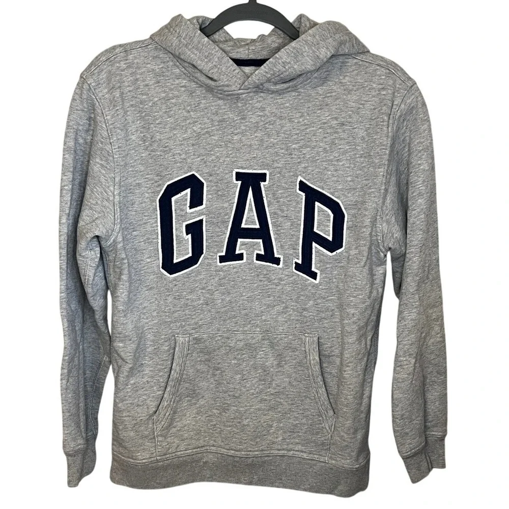 Gap Kids XXL Gray Heather‎ Logo Pullover Hoodie Sweatshirt Navy Blue Applique